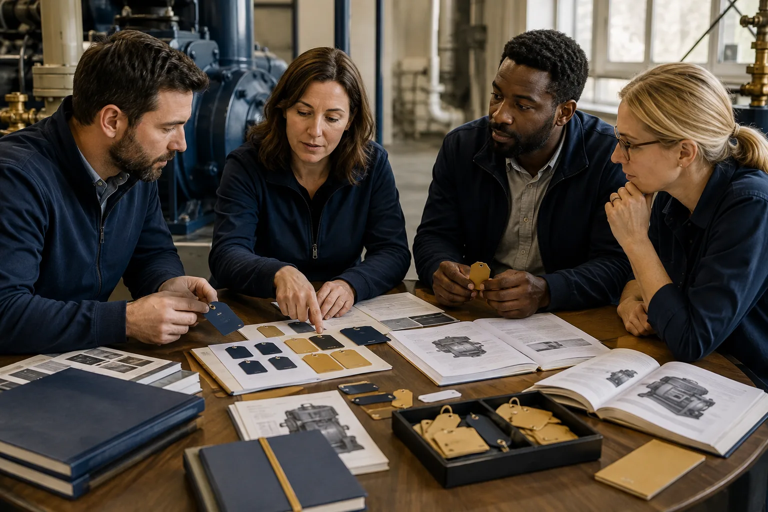 A maintenance team reviews label samples and equipment manuals for a pilot