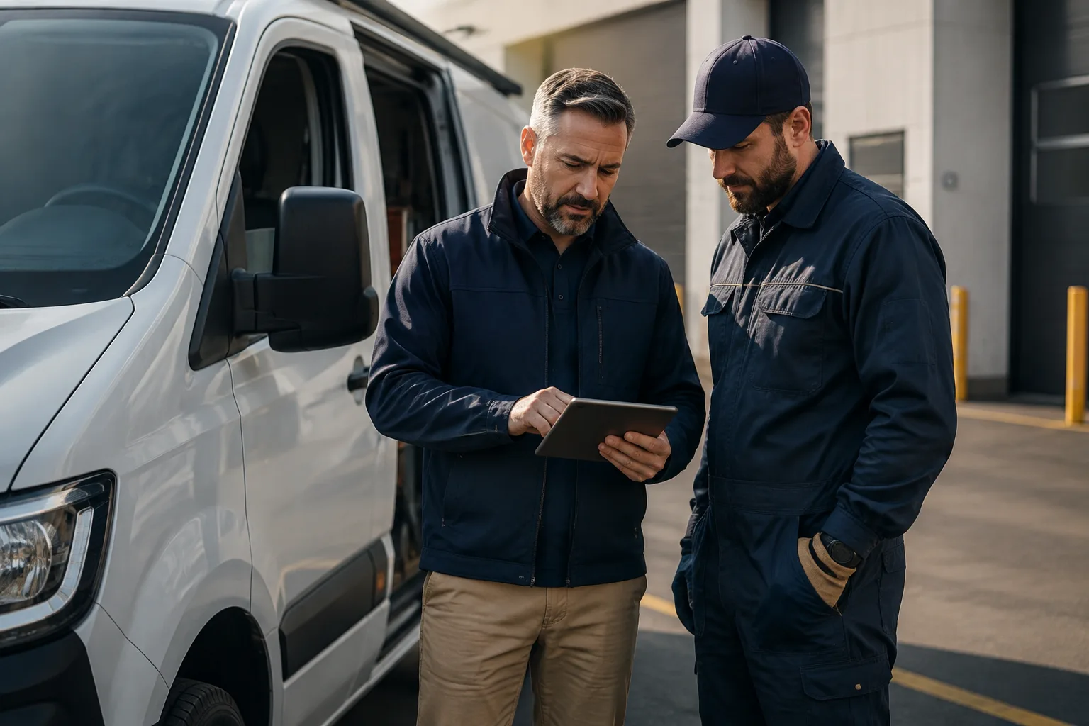 A fleet coordinator and technician review a parked van reading