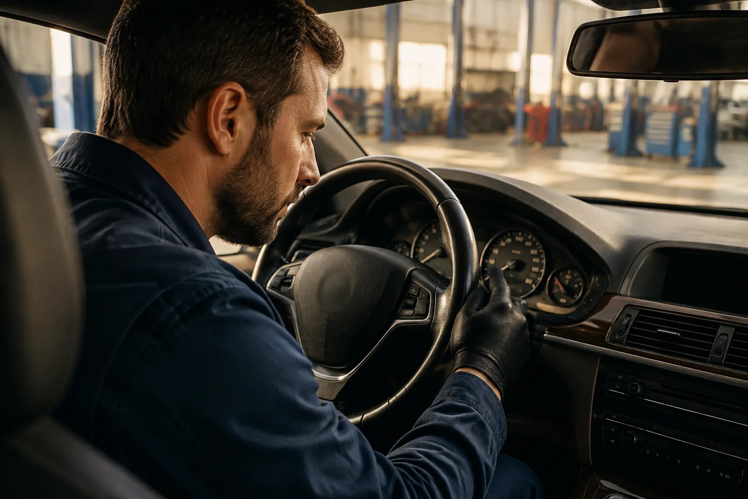 A technician checks the instrument cluster of a parked vehicle