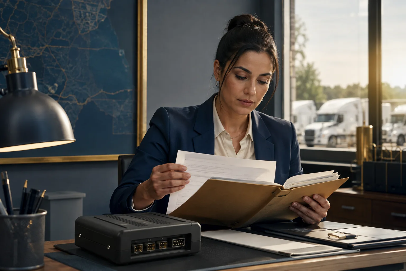 A fleet coordinator reviews exception paperwork beside a telematics device