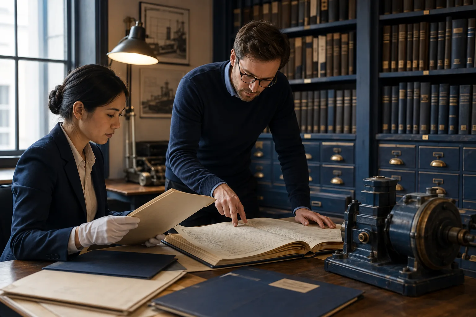 Two maintenance staff match historical records with equipment identities