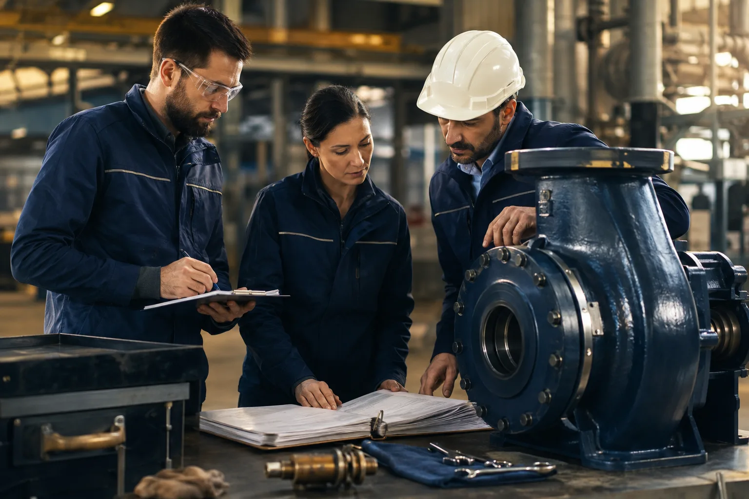 A maintenance team reviews historical records beside an industrial pump