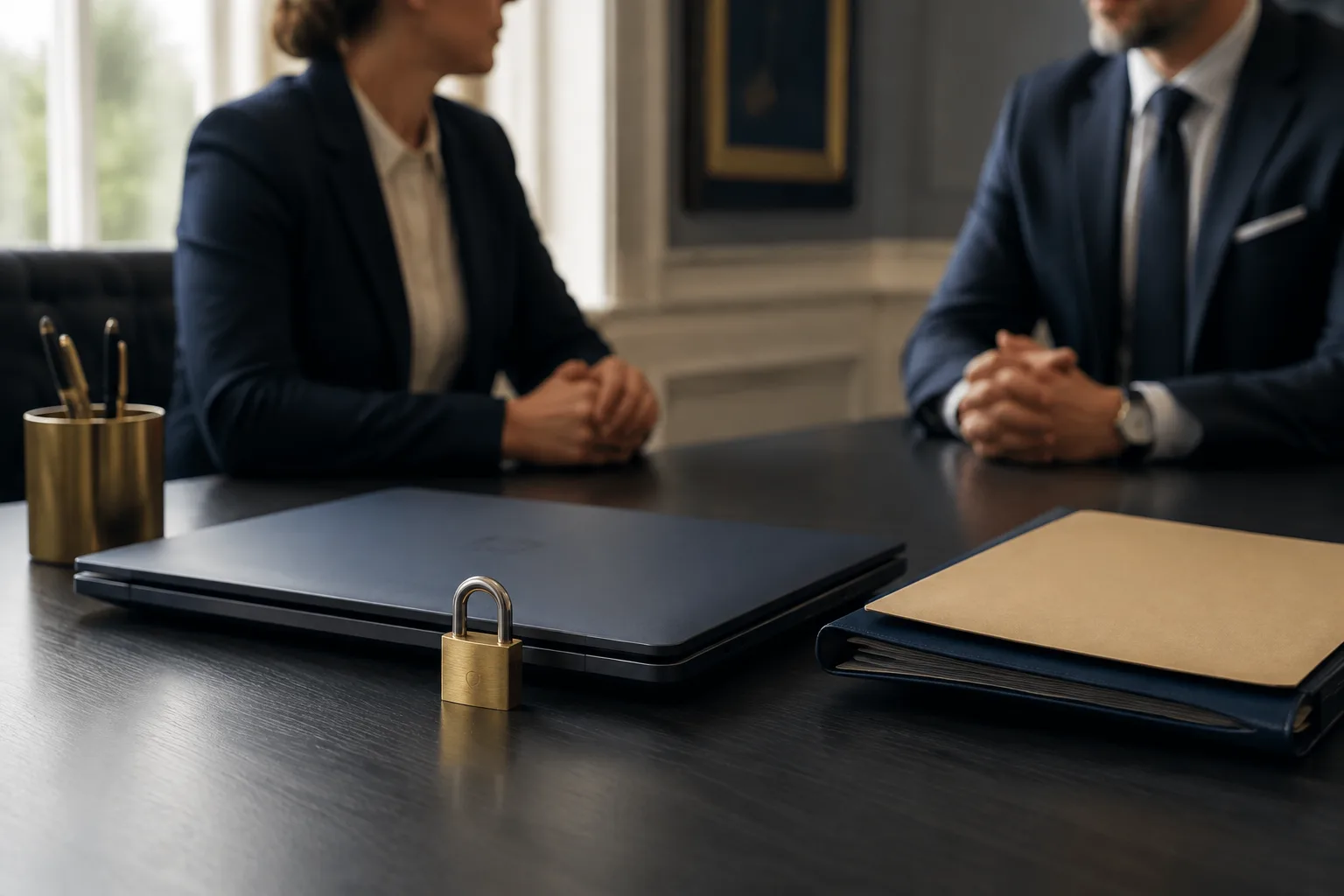 A closed laptop, physical lock and supplier folder illustrate credential control
