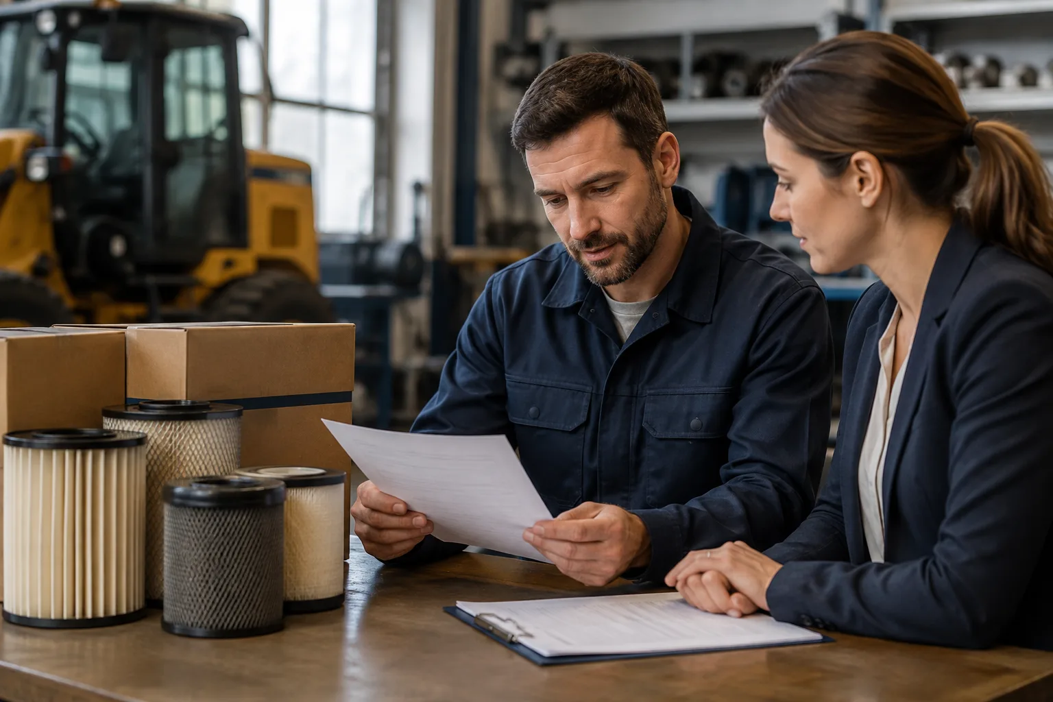 Maintenance staff review order paperwork beside boxed replacement filters