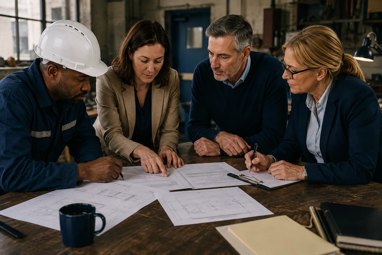 Maintenance and finance staff review a purchasing handoff together